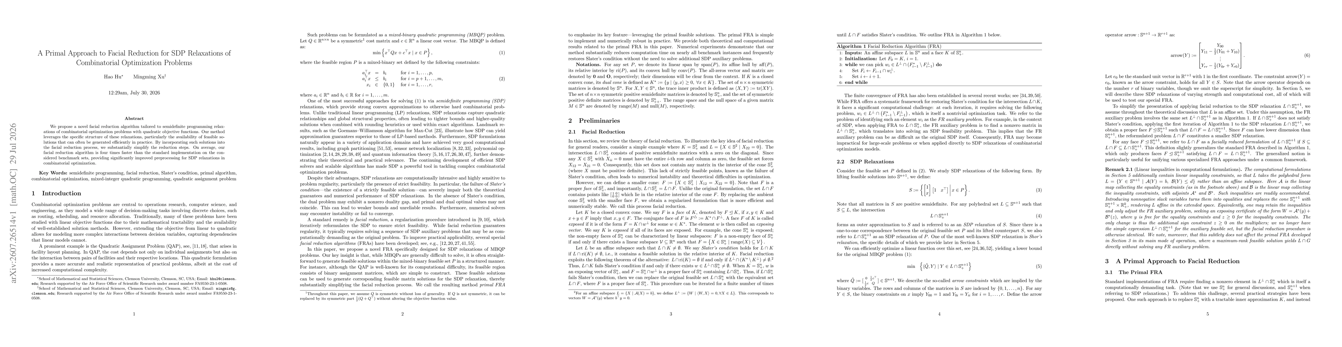 Thumbnail for A Primal Approach to Facial Reduction for SDP Relaxations of Combinatorial Optimization Problems