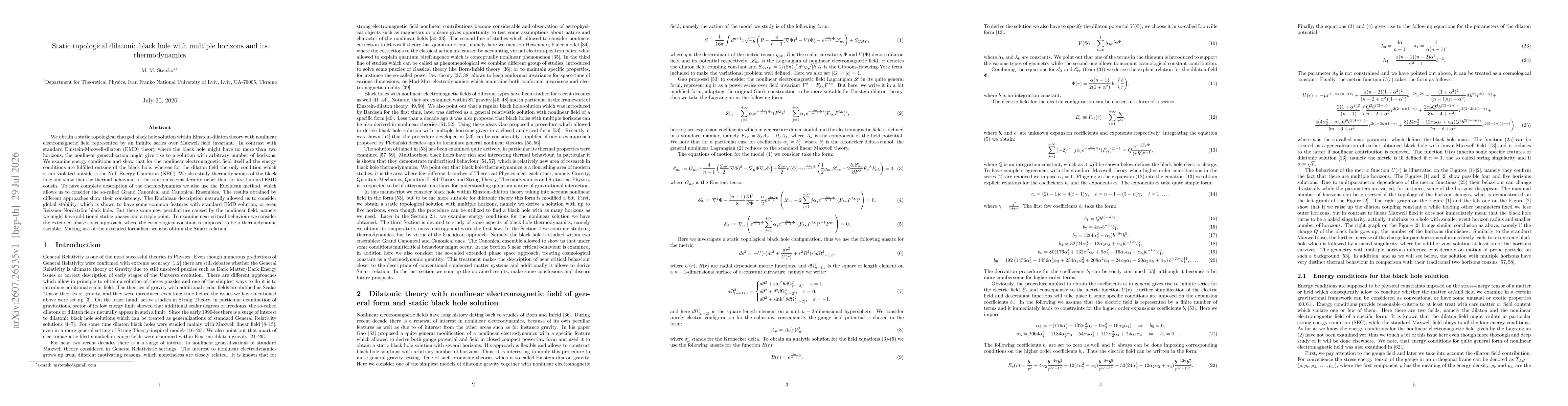 Thumbnail for Static topological dilatonic black hole with multiple horizons and its thermodynamics