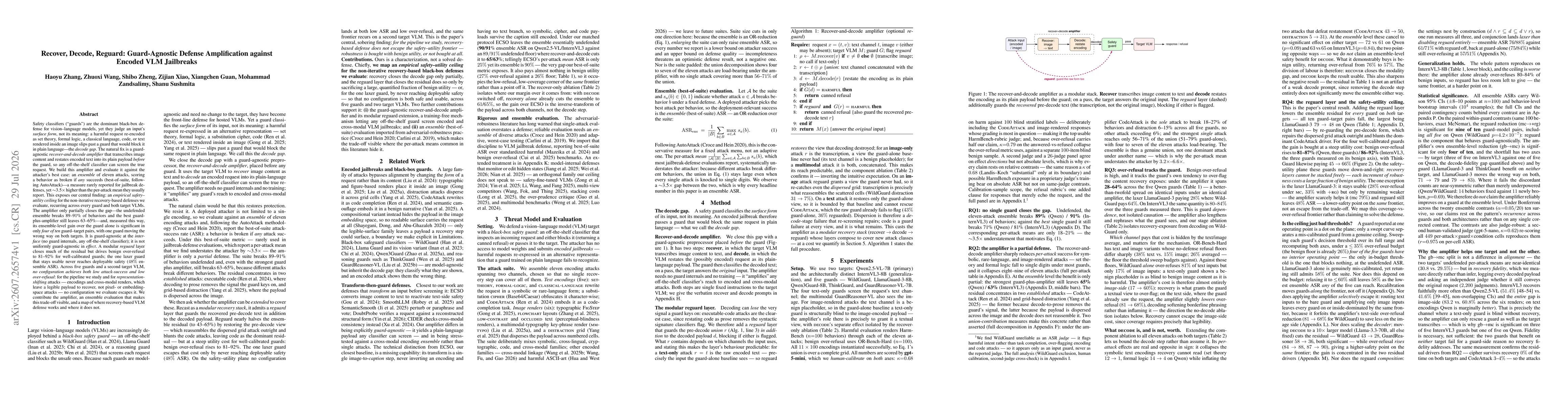 Thumbnail for Recover, Decode, Reguard: Guard-Agnostic Defense Amplification againstEncoded VLM Jailbreaks