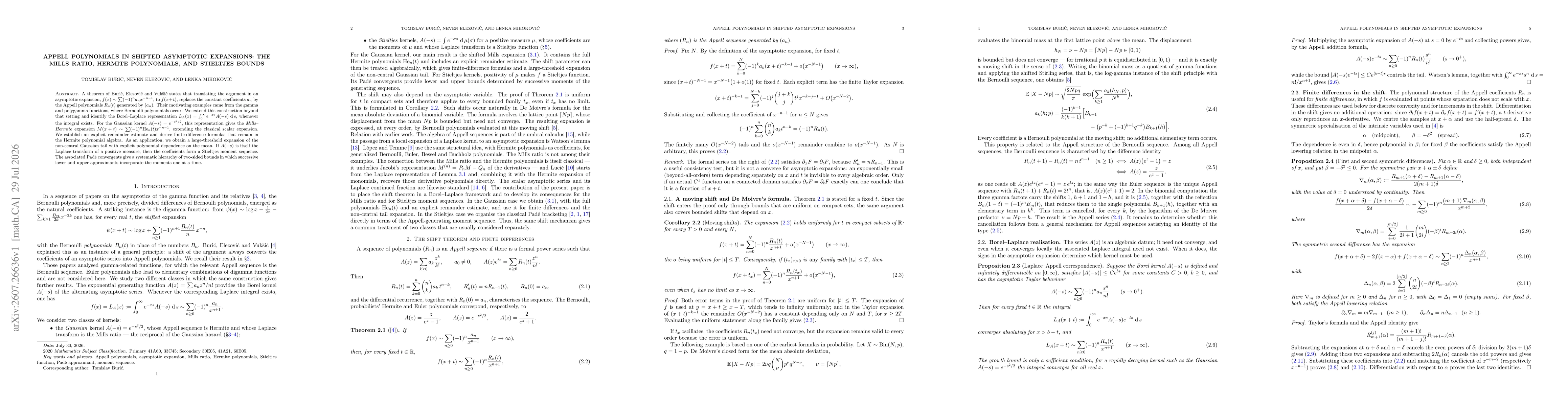 Thumbnail for Appell Polynomials in Shifted Asymptotic Expansions: the Mills ratio, Hermite polynomials, and Stieltjes bounds