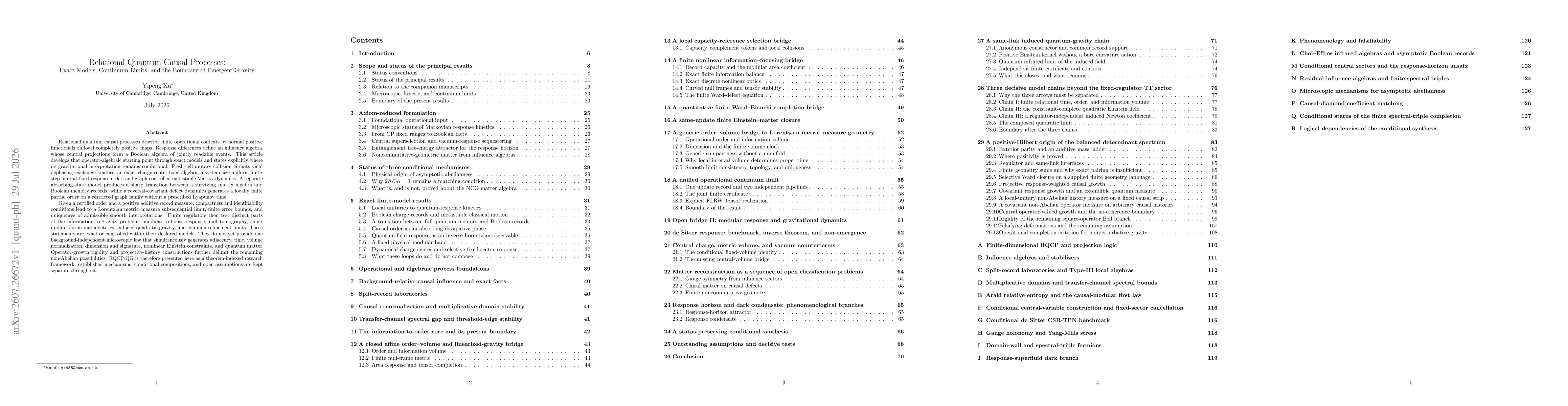 Thumbnail for Relational Quantum Causal Processes: Exact Models, Continuum Limits, and the Boundary of Emergent Gravity