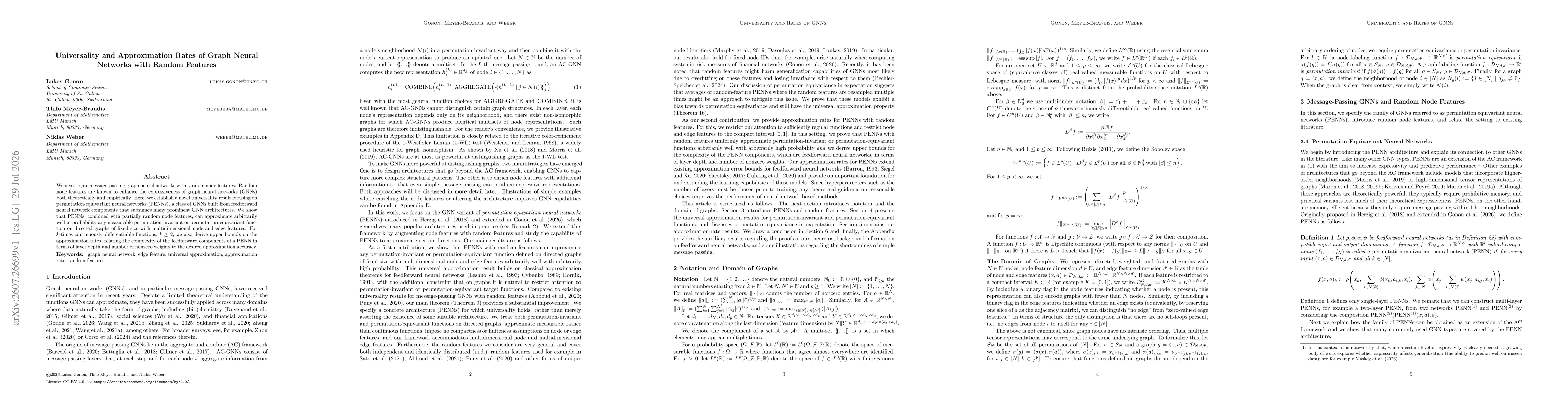 Thumbnail for Universality and Approximation Rates of Graph Neural Networks with Random Features