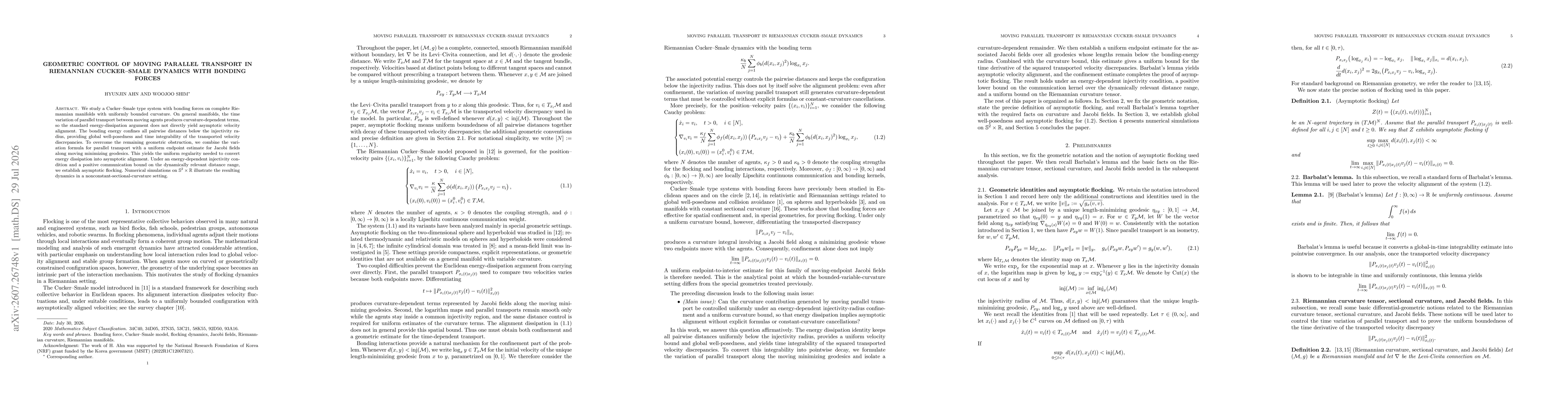 Thumbnail for Geometric Control of Moving Parallel Transport in Riemannian Cucker--Smale Dynamics with Bonding Forces