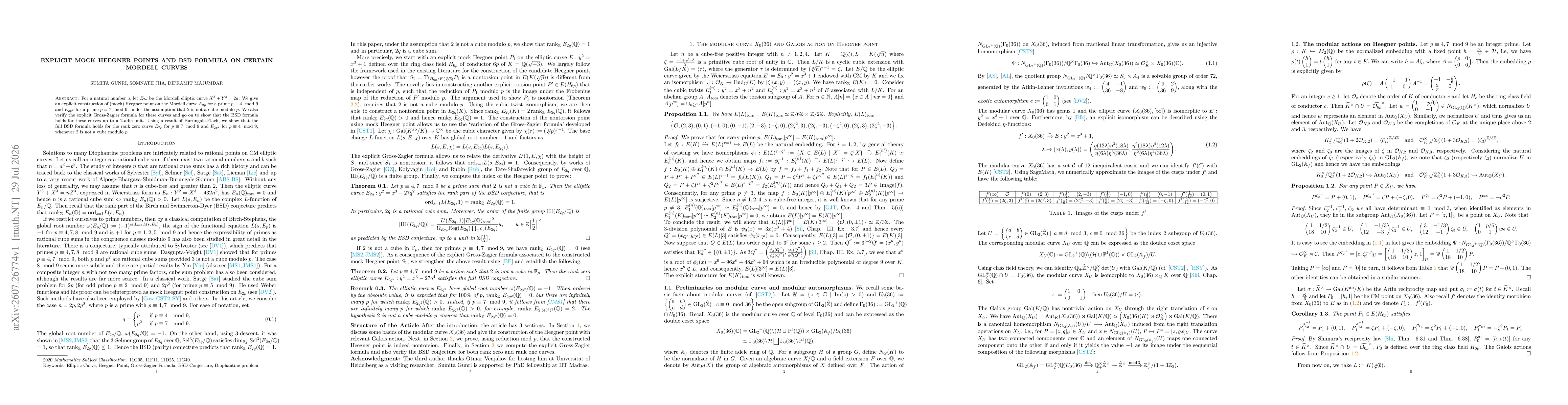 Thumbnail for Explicit mock Heegner points and BSD formula on certain Mordell curves
