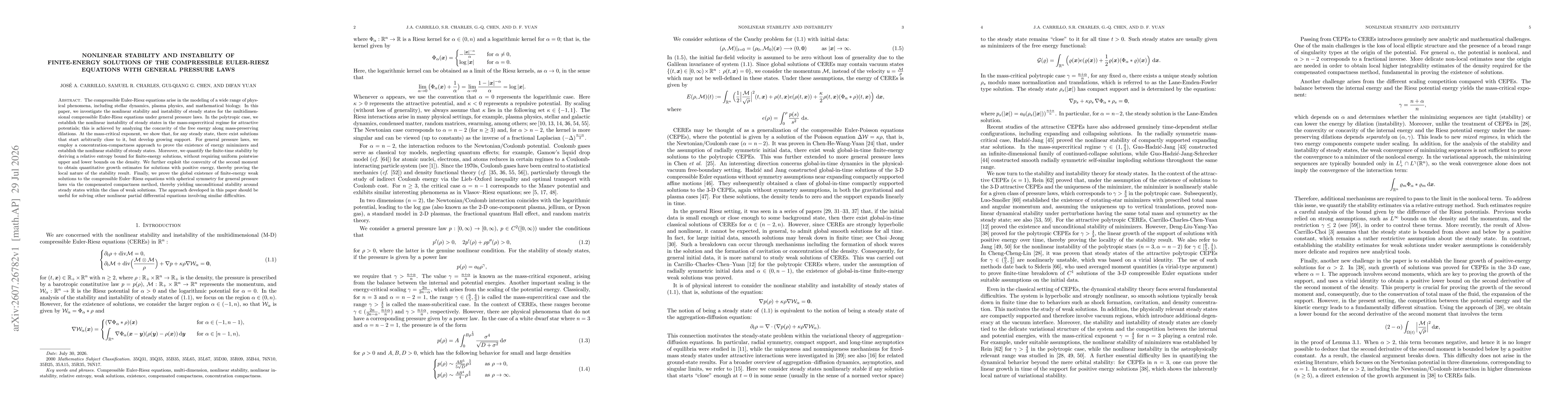 Thumbnail for Nonlinear Stability and Instability of Finite-Energy Solutions of the Compressible Euler-Riesz Equations with General Pressure Laws