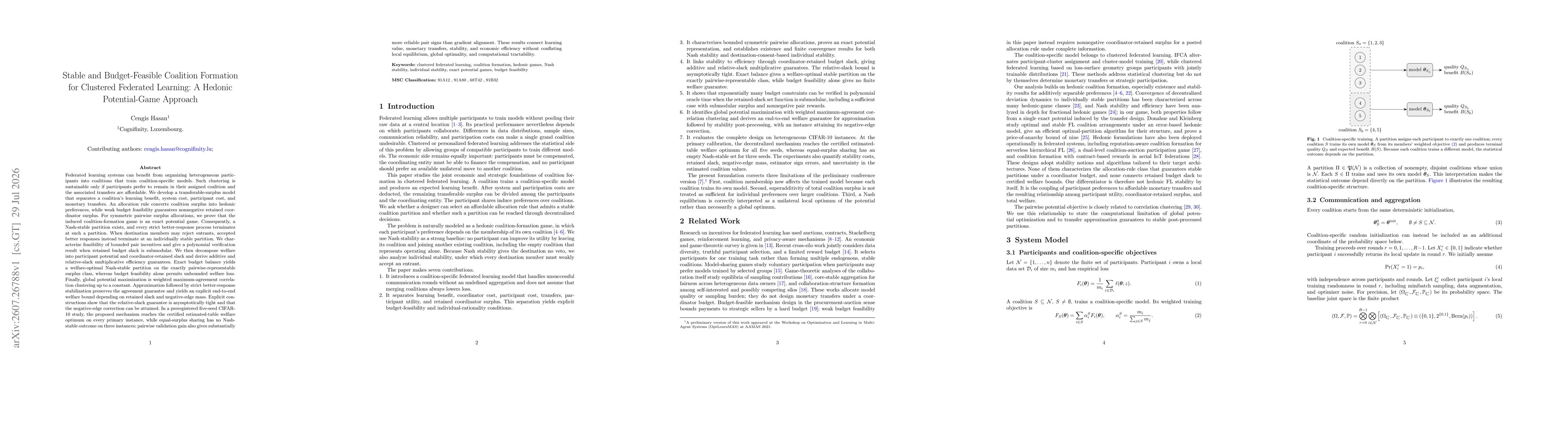 Thumbnail for Stable and Budget-Feasible Coalition Formation for Clustered Federated Learning: A Hedonic Potential-Game Approach