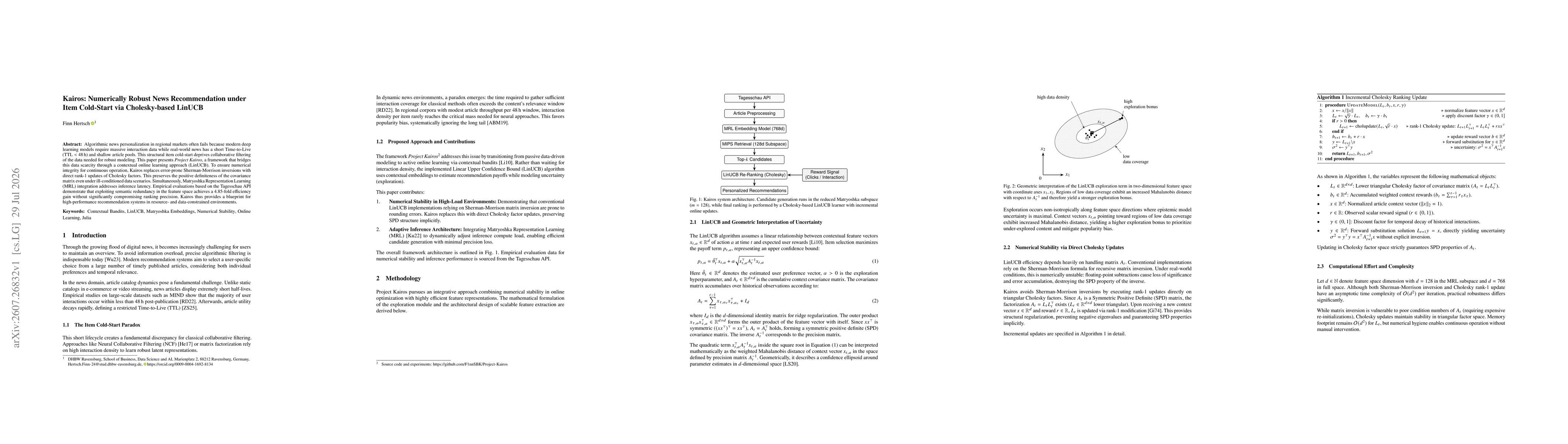 Thumbnail for Kairos: Numerically Robust News Recommendation under Item Cold-Start via Cholesky-based LinUCB
