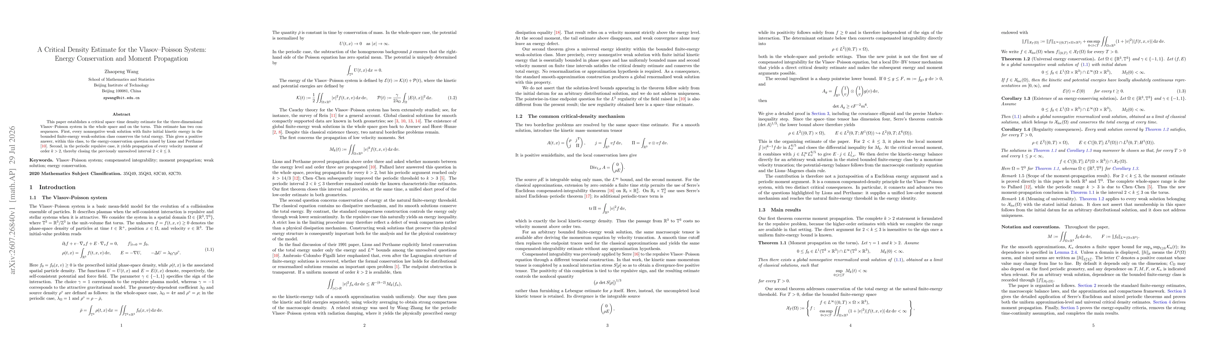 Thumbnail for A Critical Density Estimate for the Vlasov--Poisson System: Energy Conservation and Moment Propagation