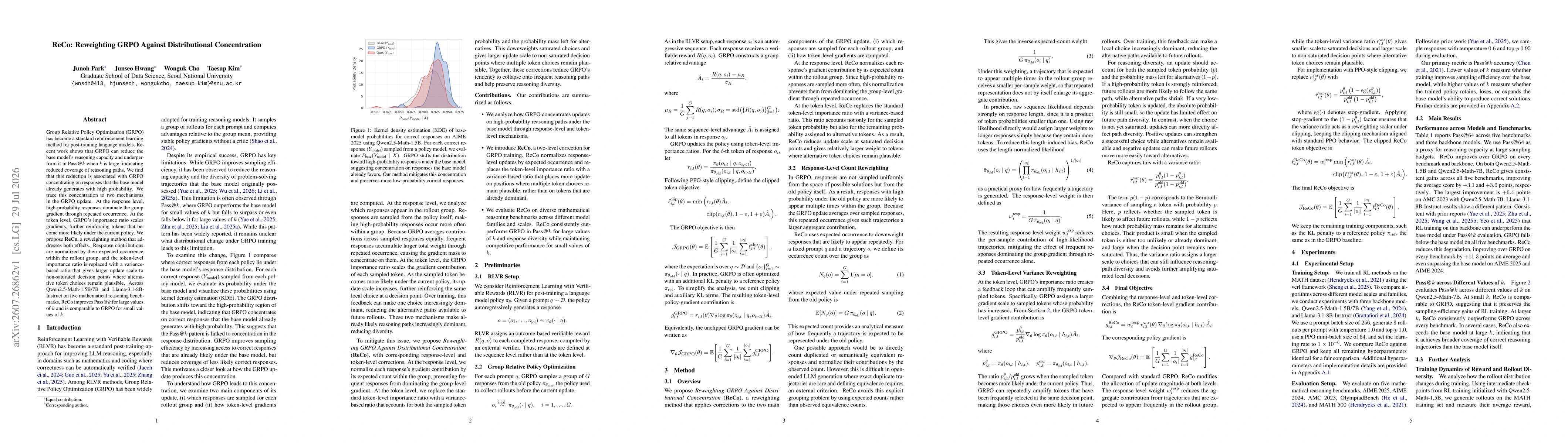 Thumbnail for ReCo: Reweighting GRPO Against Distributional Concentration