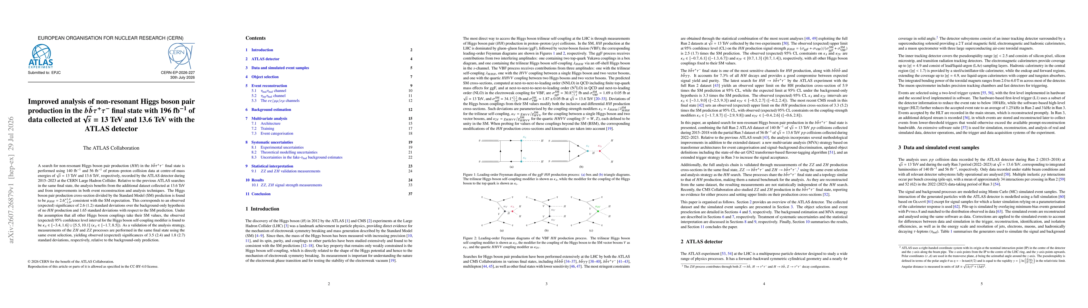 Thumbnail for Improved analysis of non-resonant Higgs boson pair production in the $b\bar{b}τ^+τ^-$ final state with $196$ fb$^{-1}$ of data collected at $\sqrt{s}$ = 13 TeV and 13.6 TeV with the ATLAS detector