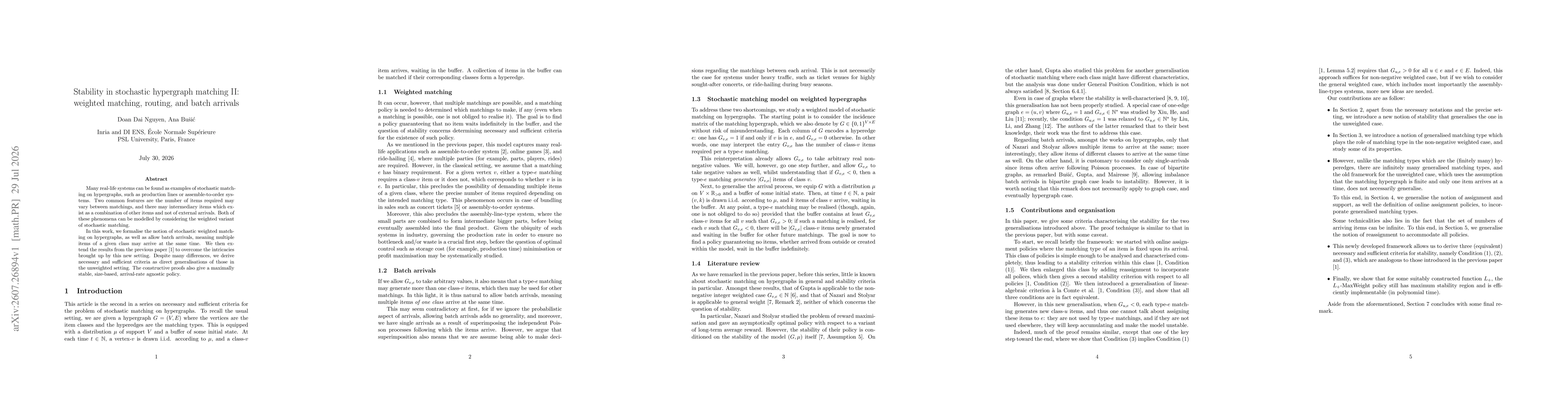 Thumbnail for Stability in stochastic hypergraph matching II: weighted matching, routing, and batch arrivals