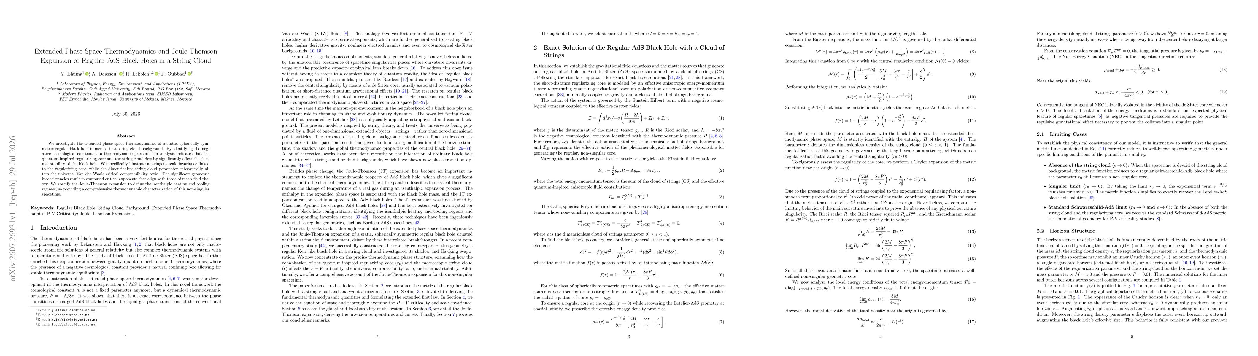 Thumbnail for Extended Phase Space Thermodynamics and Joule-Thomson Expansion of Regular AdS Black Holes in a String Cloud