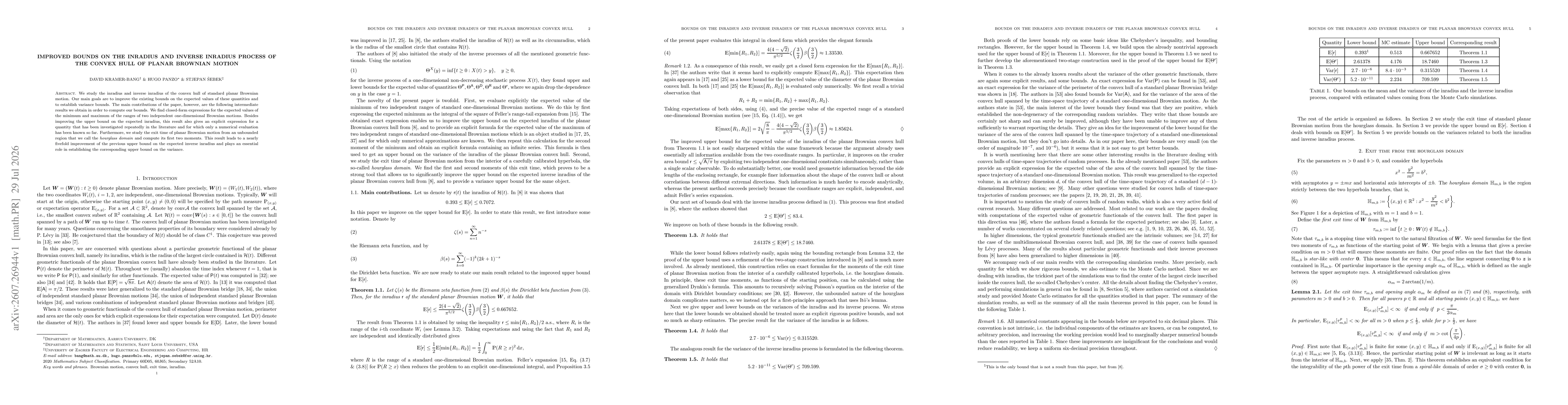 Thumbnail for Improved bounds on the inradius and inverse inradius process of the convex hull of planar Brownian motion