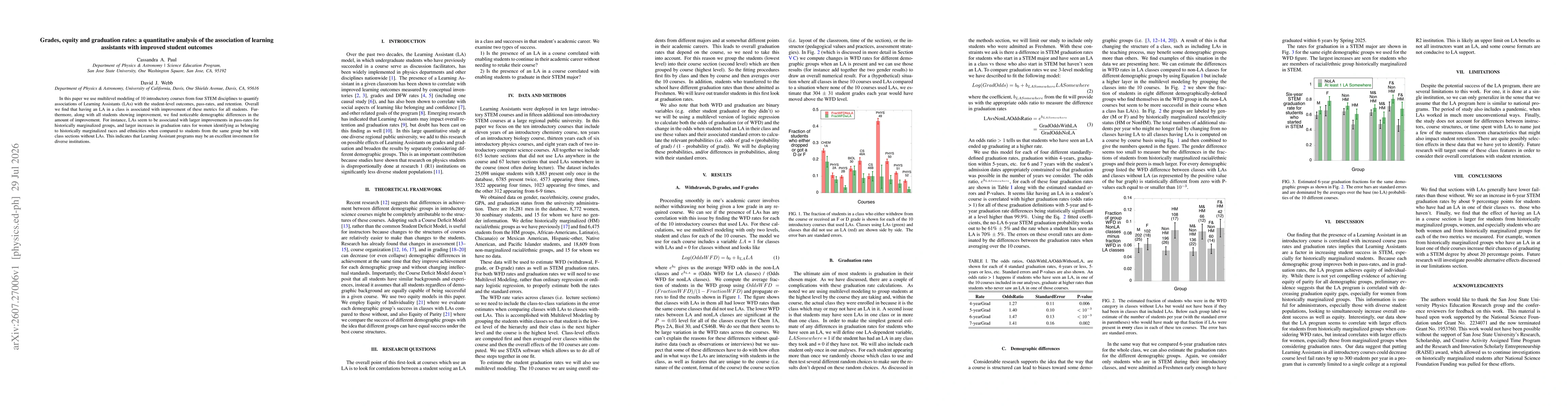 Thumbnail for Grades, equity and graduation rates: a quantitative analysis of the association of learning assistants with improved student outcomes