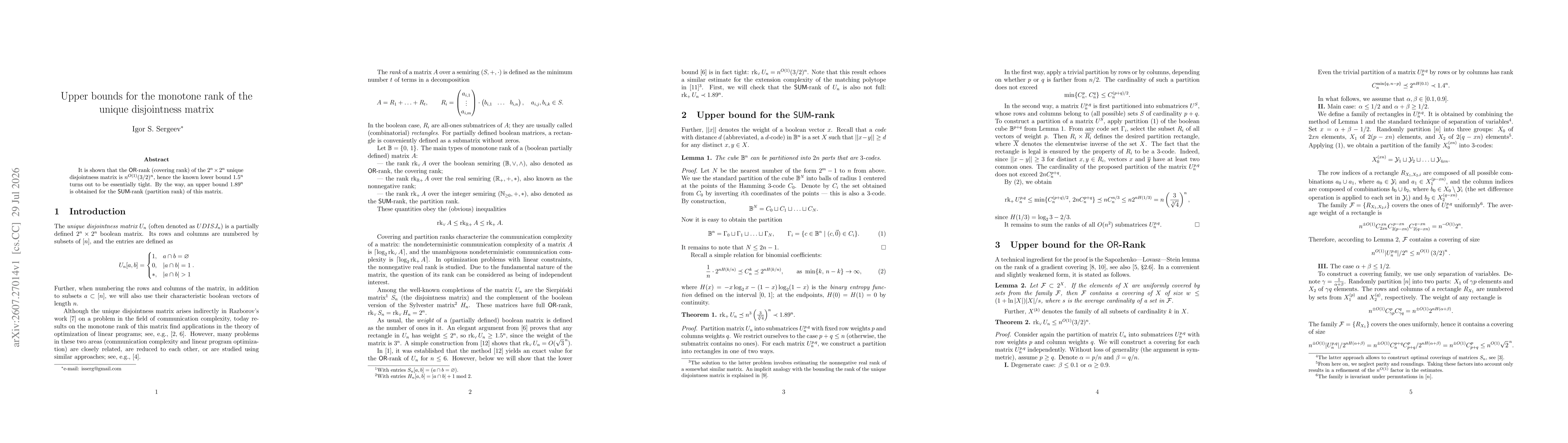 Thumbnail for Upper bounds for the monotone rank of the unique disjointness matrix
