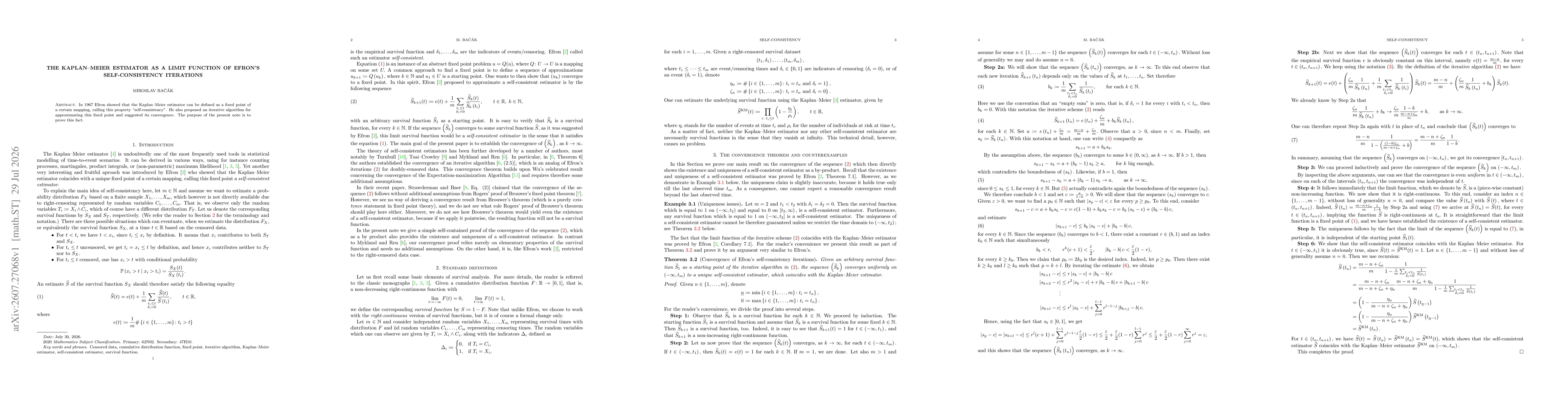 Thumbnail for The {K}aplan--{M}eier estimator as a limit function of {E}fron's self-consistency iterations