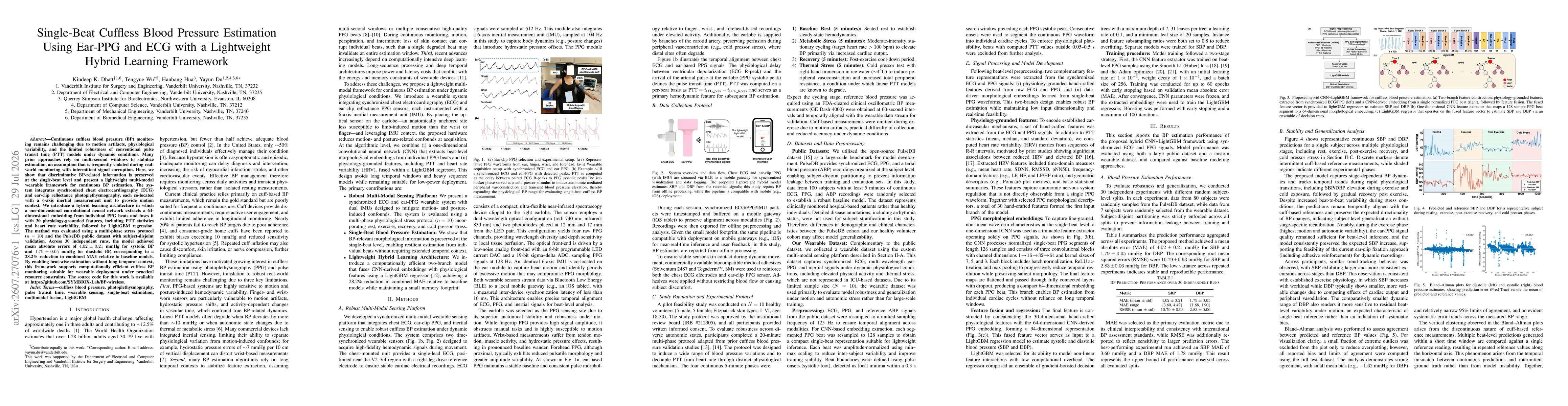 Thumbnail for Single-Beat Cuffless Blood Pressure Estimation Using Ear-PPG and ECG with a Lightweight Hybrid Learning Framework