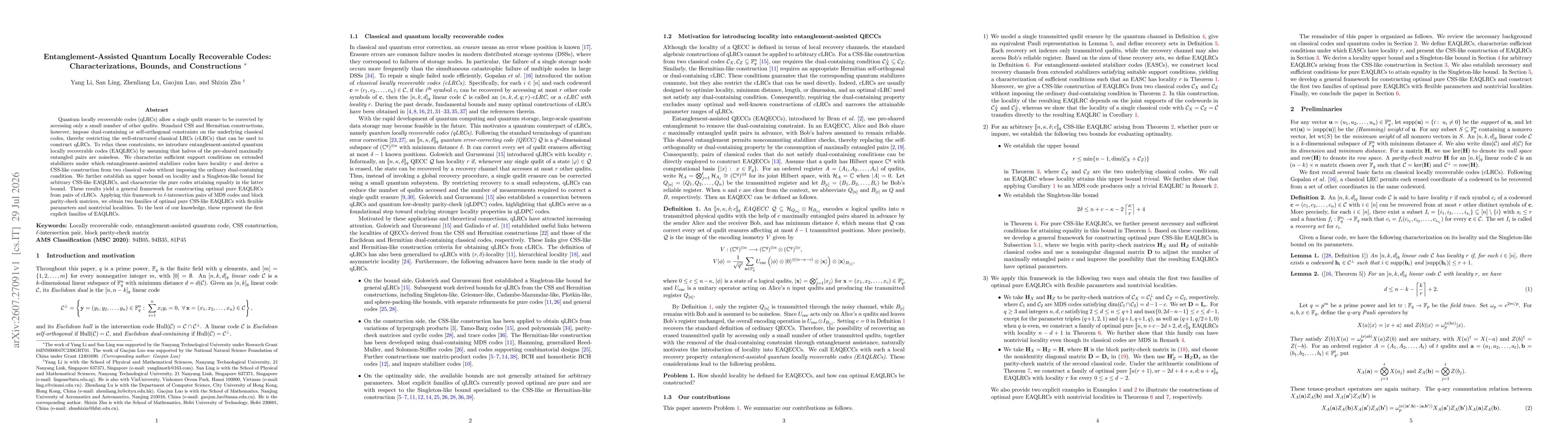 Thumbnail for Entanglement-Assisted Quantum Locally Recoverable Codes: Characterizations, Bounds, and Constructions