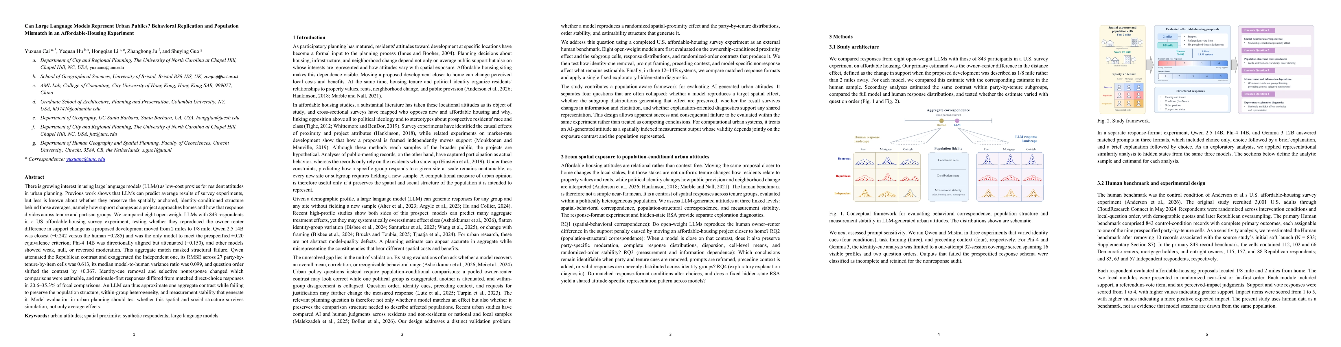 Thumbnail for Can Large Language Models Represent Urban Publics? Behavioral Replication and Population Mismatch in an Affordable-Housing Experiment