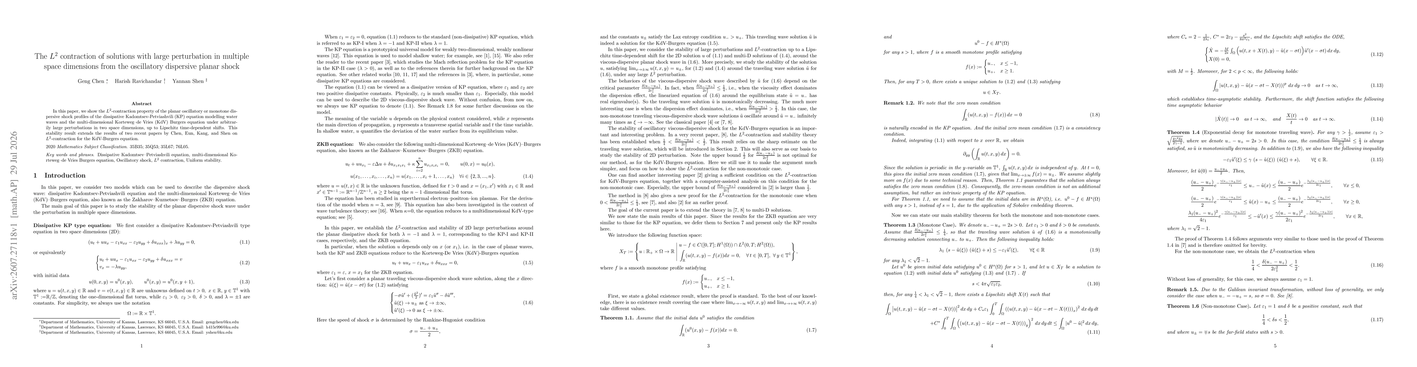 Thumbnail for The $L^2$ contraction of solutions with large perturbation in multiple space dimensions from the oscillatory dispersive planar shock