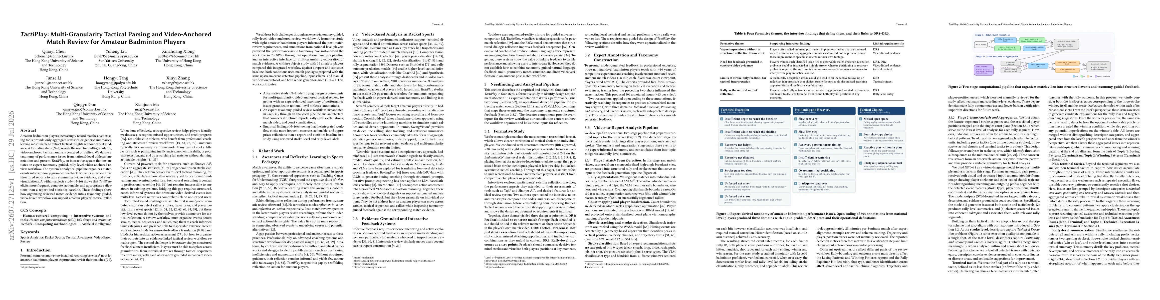 Thumbnail for TactiPlay: Multi-Granularity Tactical Parsing and Video-Anchored Match Review for Amateur Badminton Players