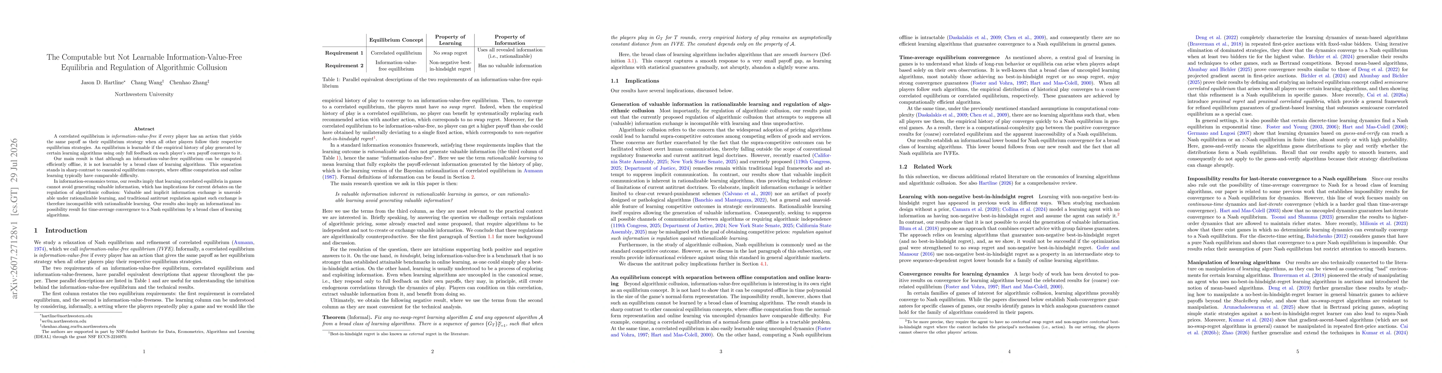 Thumbnail for The Computable but Not Learnable Information-Value-Free Equilibria and Regulation of Algorithmic Collusion