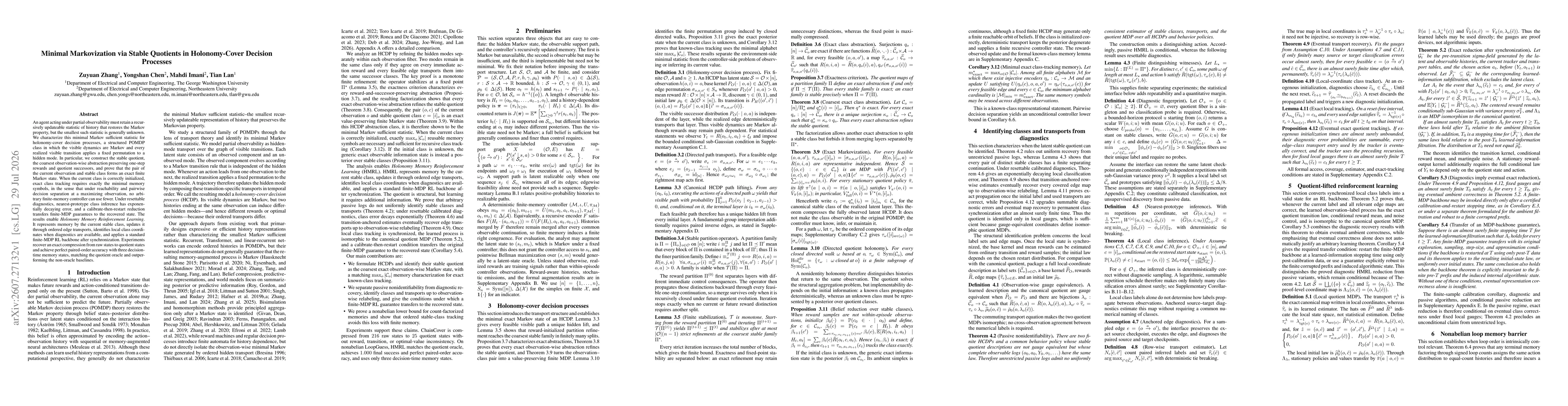 Thumbnail for Minimal Markovization via Stable Quotients in Holonomy-Cover Decision Processes
