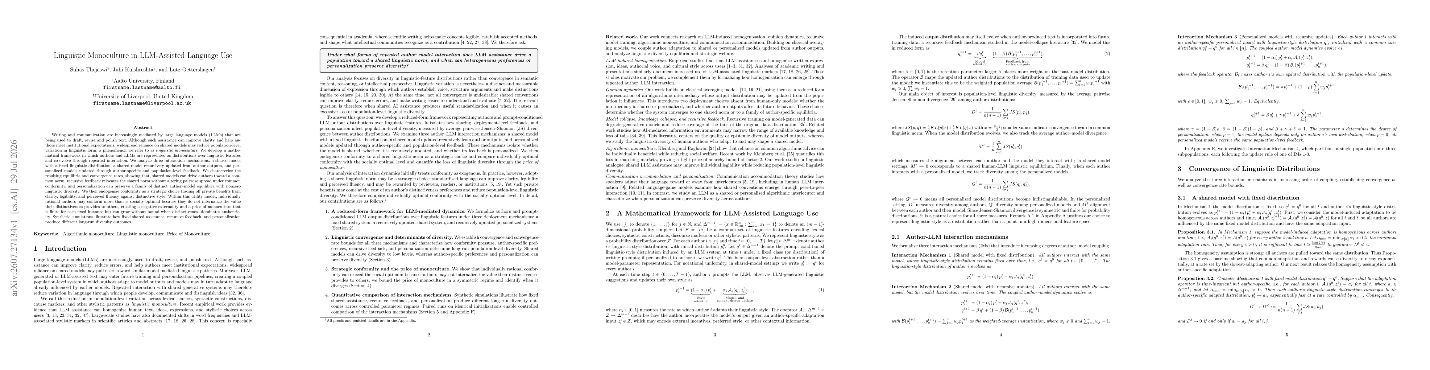 Thumbnail for Linguistic Monoculture in LLM-Assisted Language Use