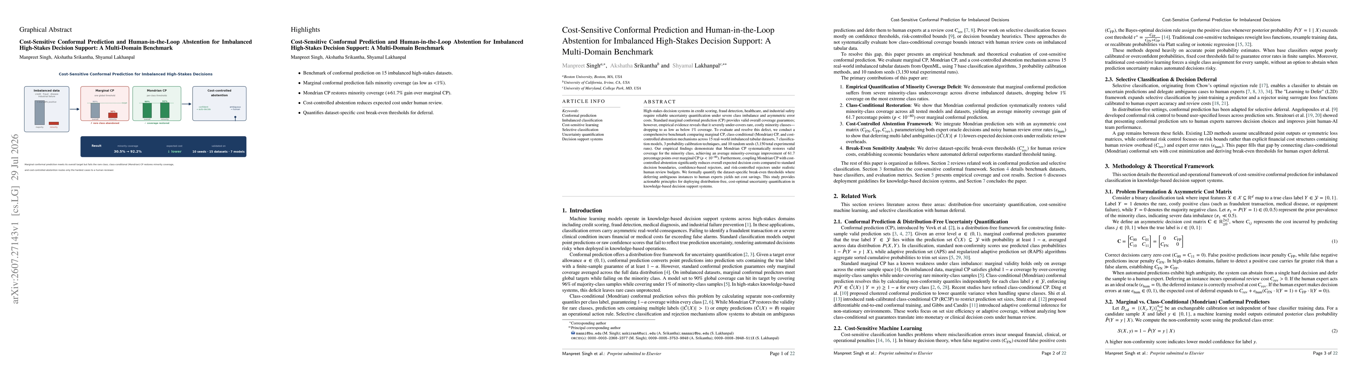Thumbnail for Cost-Sensitive Conformal Prediction and Human-in-the-Loop Abstention for Imbalanced High-Stakes Decision Support: A Multi-Domain Benchmark