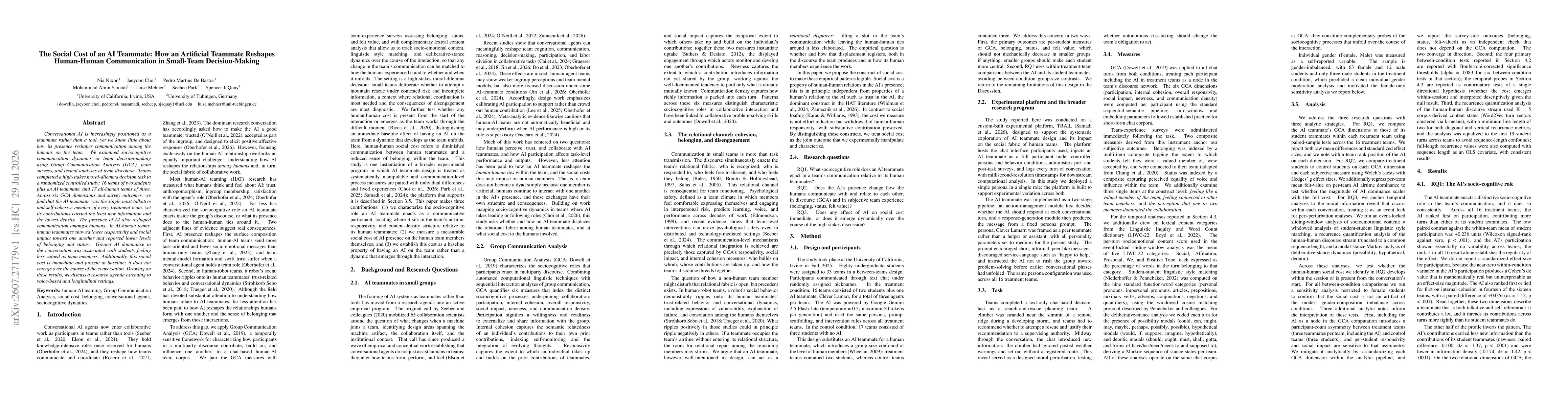 Thumbnail for The Social Cost of an AI Teammate: How an Artificial Teammate Reshapes Human-Human Communication in Small-Team Decision-Making