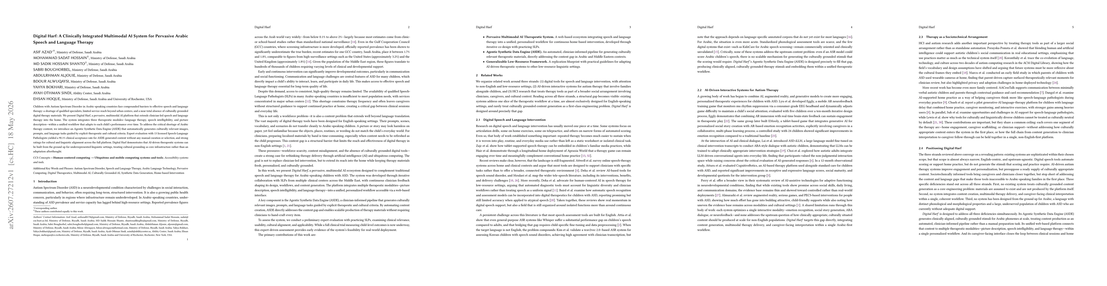 Thumbnail for Digital Harf: A Clinically Integrated Multimodal AI System for Pervasive Arabic Speech and Language Therapy