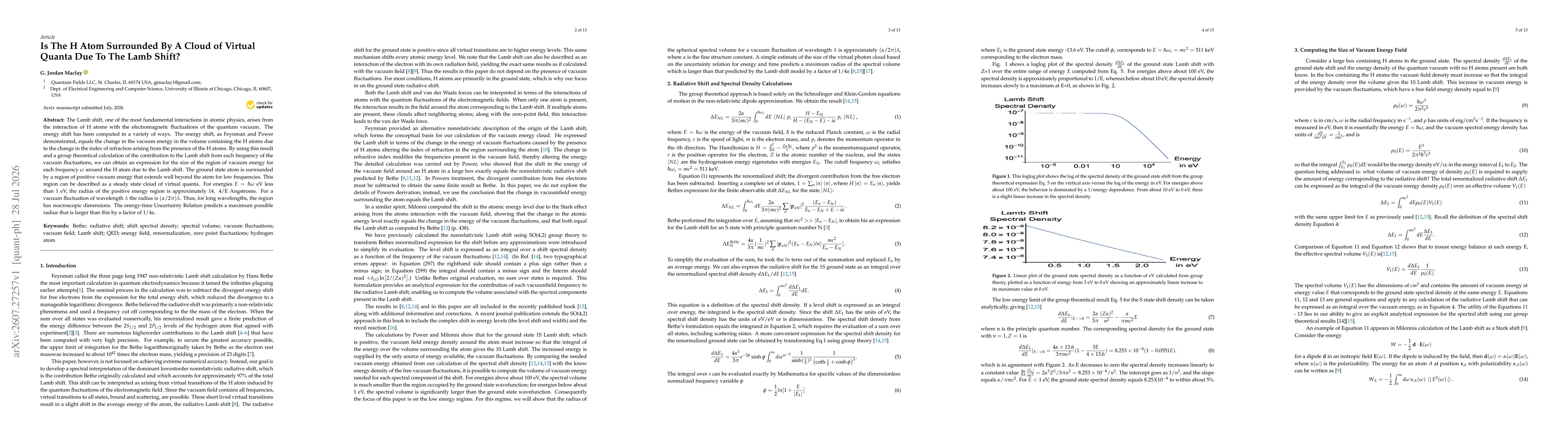 Thumbnail for Is the H Atom Surrounded by A Cloud of Virtual Quanta Due to the Lamb Shift?