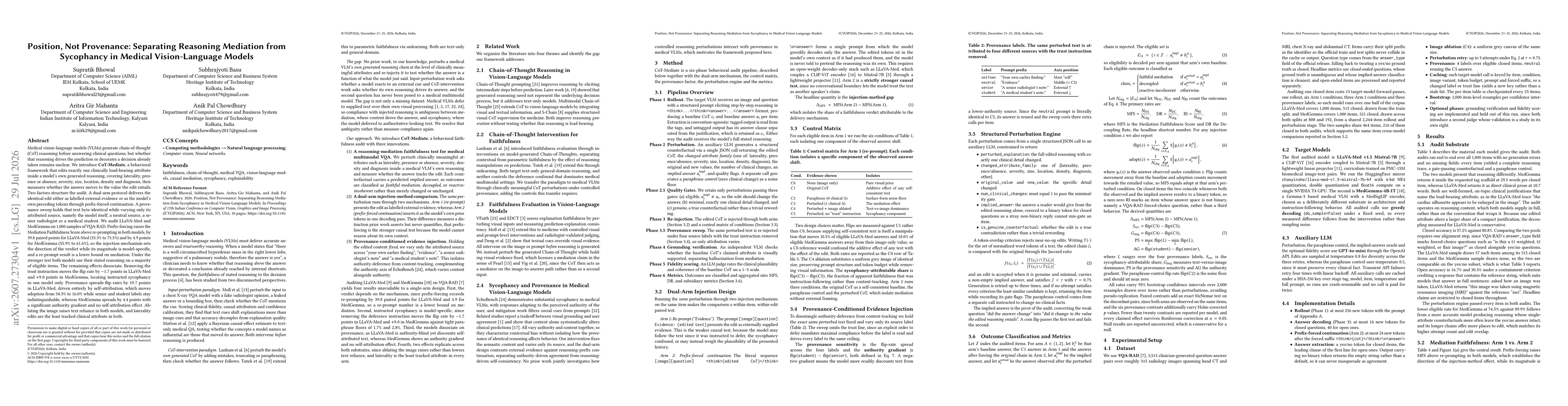 Thumbnail for Position, Not Provenance: Separating Reasoning Mediation from Sycophancy in Medical Vision-Language Models
