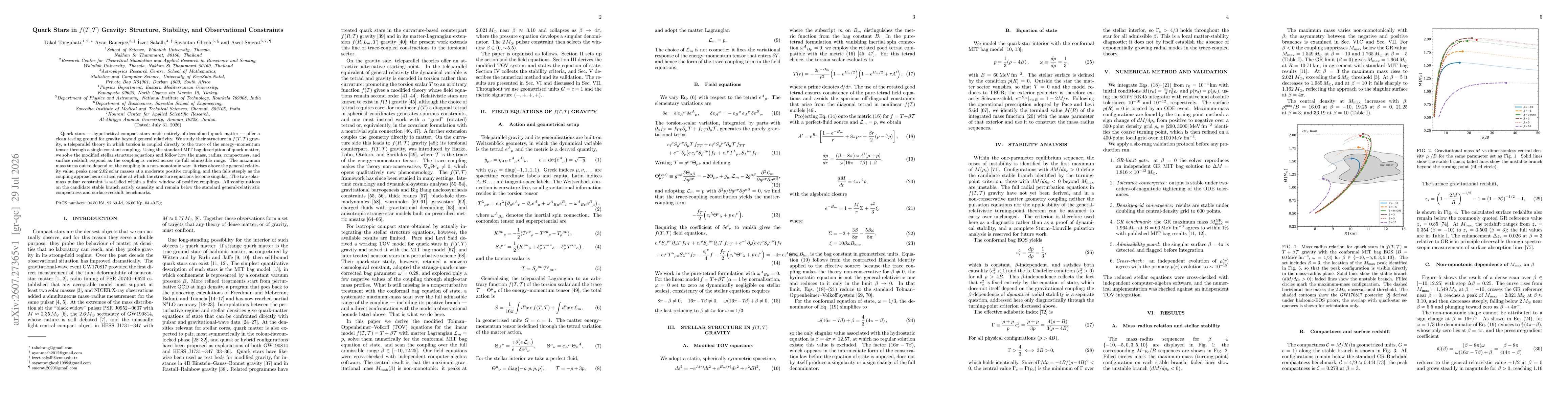 Thumbnail for Quark Stars in $f(T,\mathcal{T}) $ Gravity: Structure, Stability, and Observational Constraints