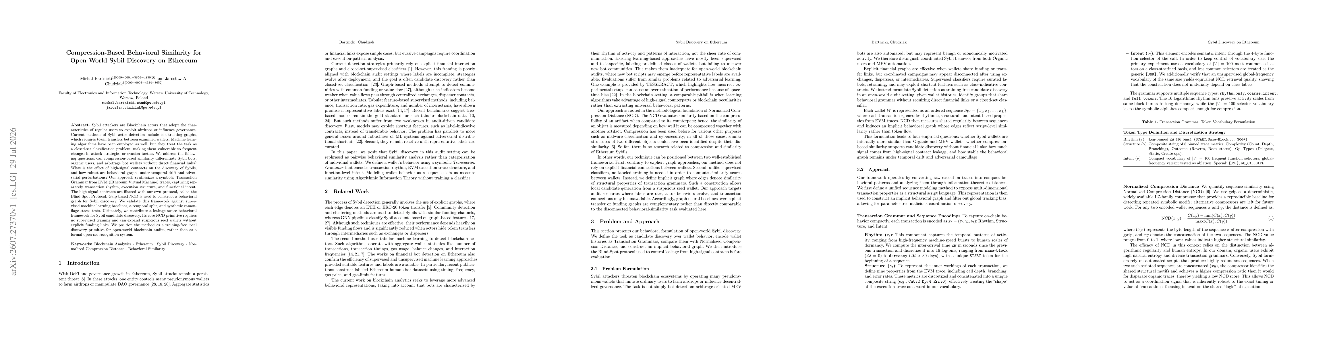 Thumbnail for Compression-Based Behavioral Similarity for Open-World Sybil Discovery on Ethereum