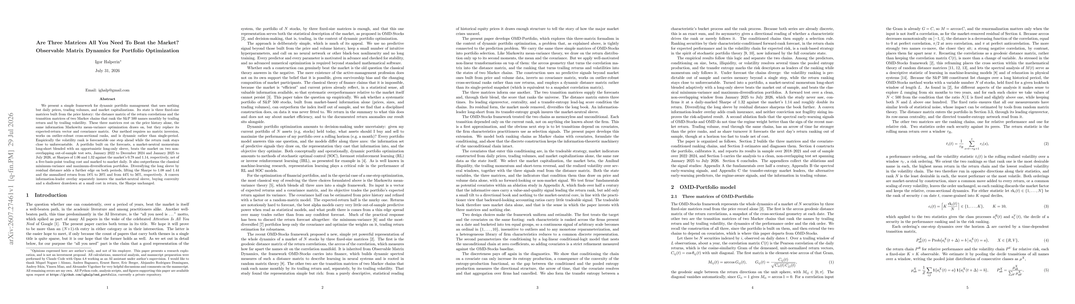 Thumbnail for Are Three Matrices All You Need To Beat the Market? Observable Matrix Dynamics for Portfolio Optimization