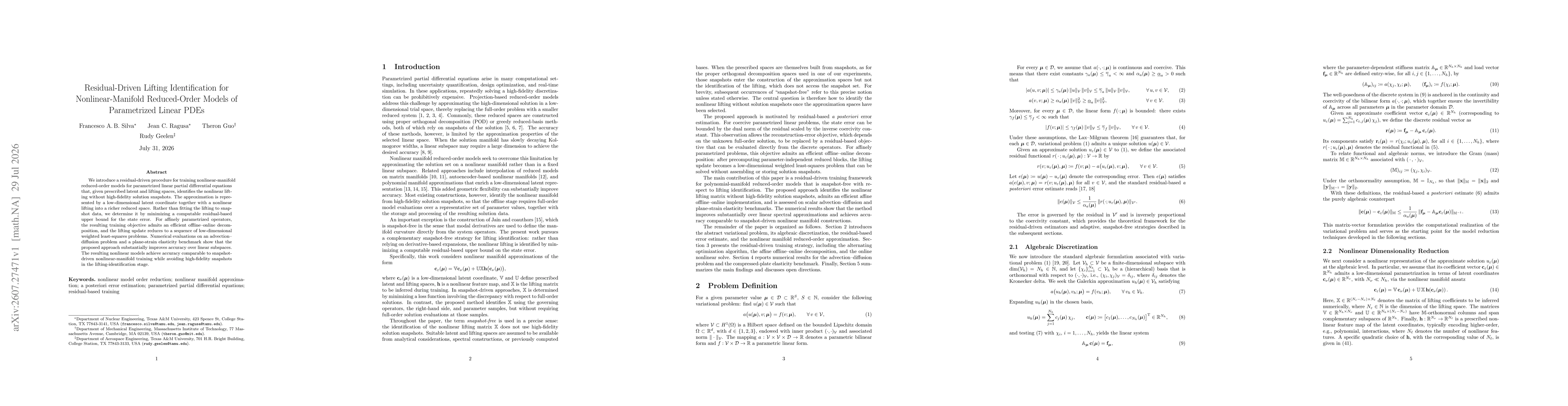 Thumbnail for Residual-Driven Lifting Identification for Nonlinear-Manifold Reduced-Order Models of Parametrized Linear PDEs