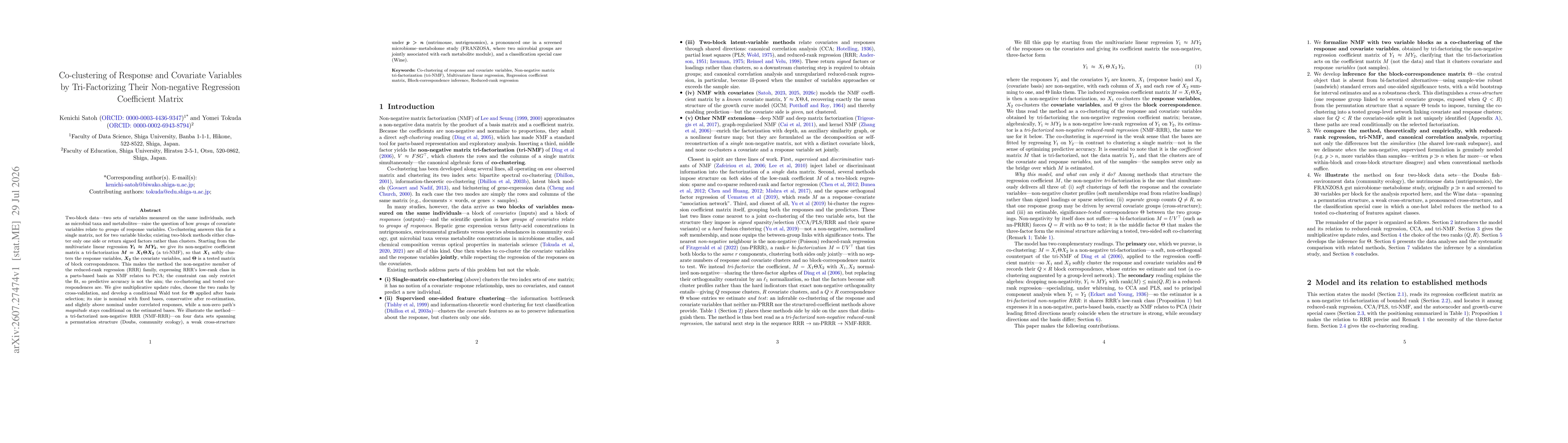 Thumbnail for Co-clustering of Response and Covariate Variables by Tri-Factorizing Their Non-negative Regression Coefficient Matrix