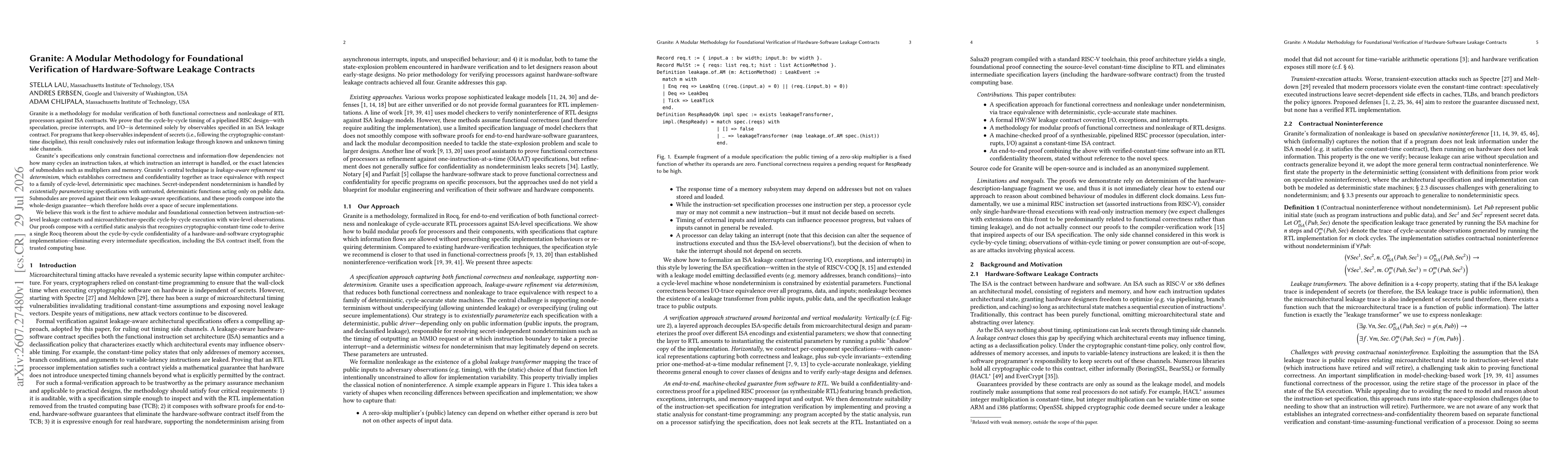 Thumbnail for Granite: A Modular Methodology for Foundational Verification of Hardware-Software Leakage Contracts