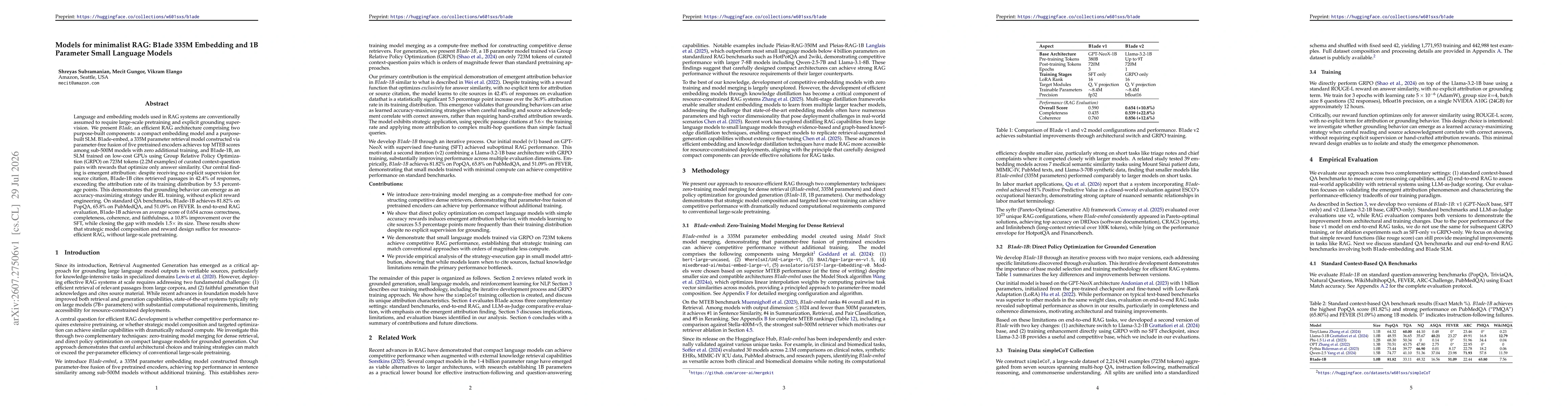 Thumbnail for Models for minimalist RAG: B1ade 335M Embedding and 1B Parameter Small Language Models