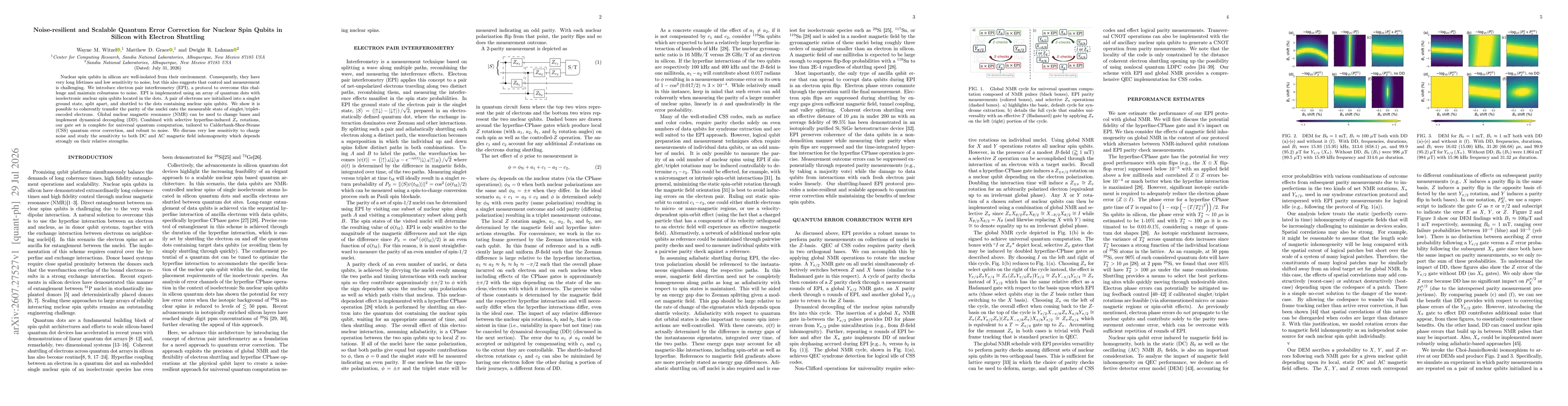 Thumbnail for Noise-resilient and Scalable Quantum Error Correction for Nuclear Spin Qubits in Silicon with Electron Shuttling