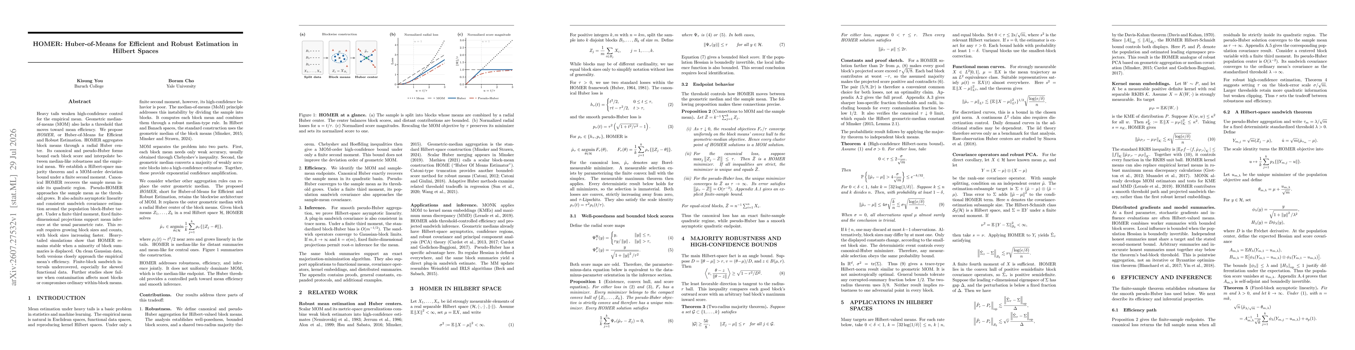 Thumbnail for HOMER: Huber-of-Means for Efficient and Robust Estimation in Hilbert Spaces
