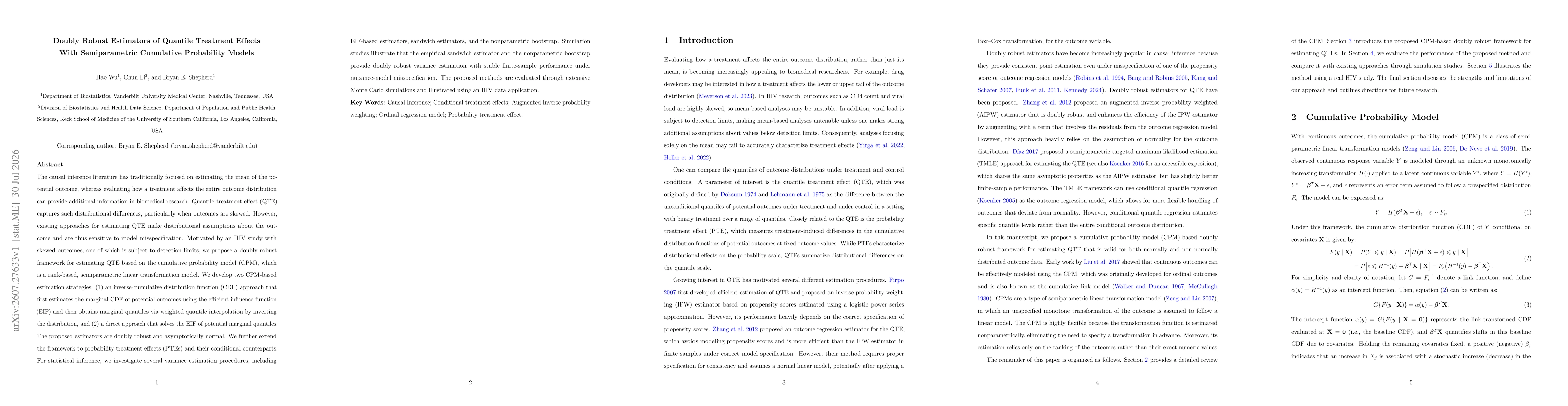 Thumbnail for Doubly Robust Estimators of Quantile Treatment Effects With Semiparametric Cumulative Probability Models