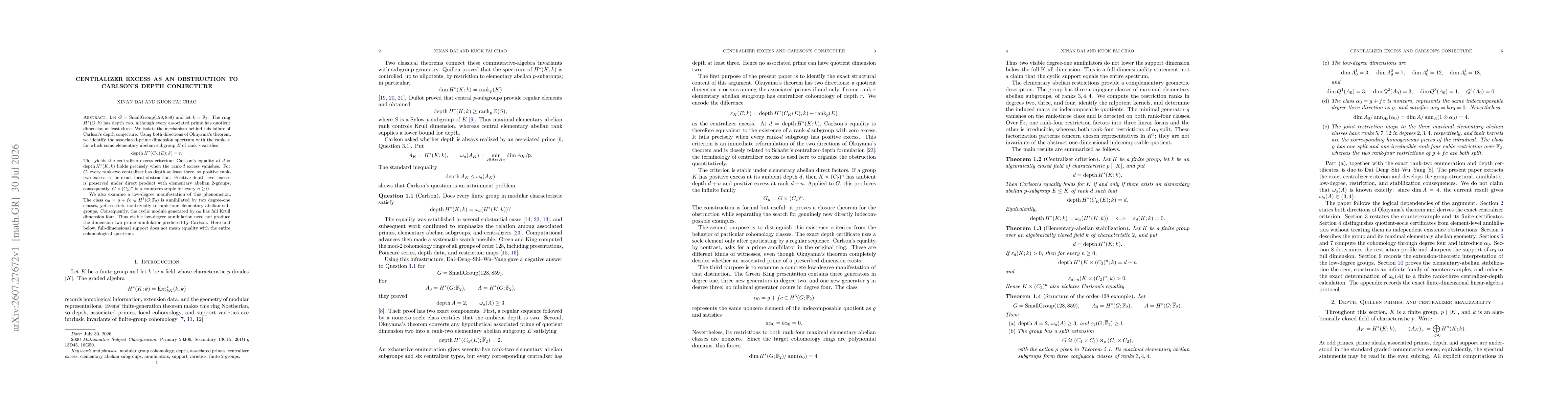 Thumbnail for Centralizer Excess as an Obstruction to Carlson's Depth Conjecture