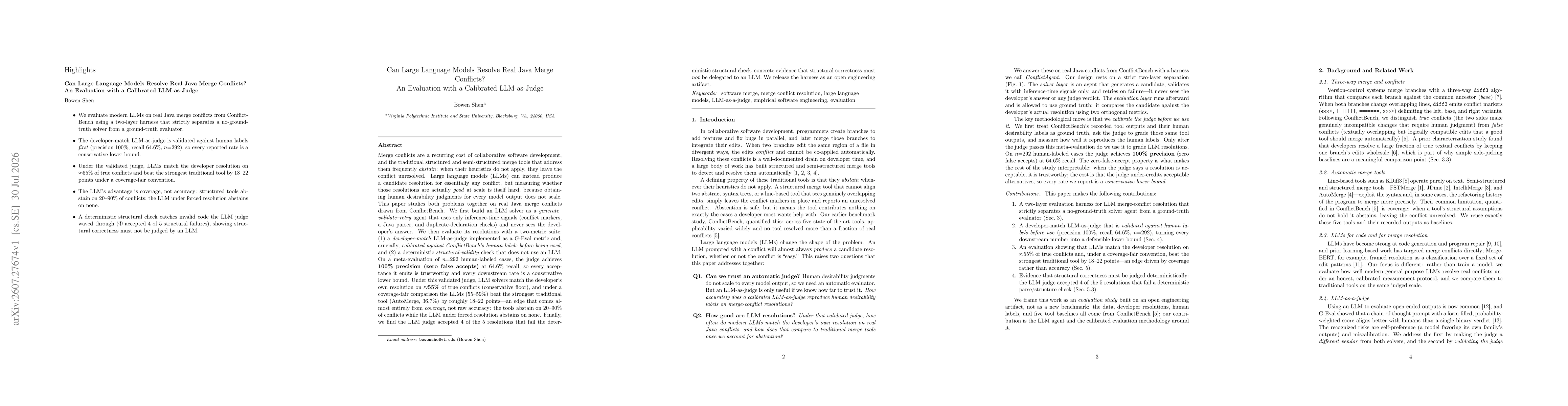 Thumbnail for Can Large Language Models Resolve Real Java Merge Conflicts? An Evaluation with a Calibrated LLM-as-Judge