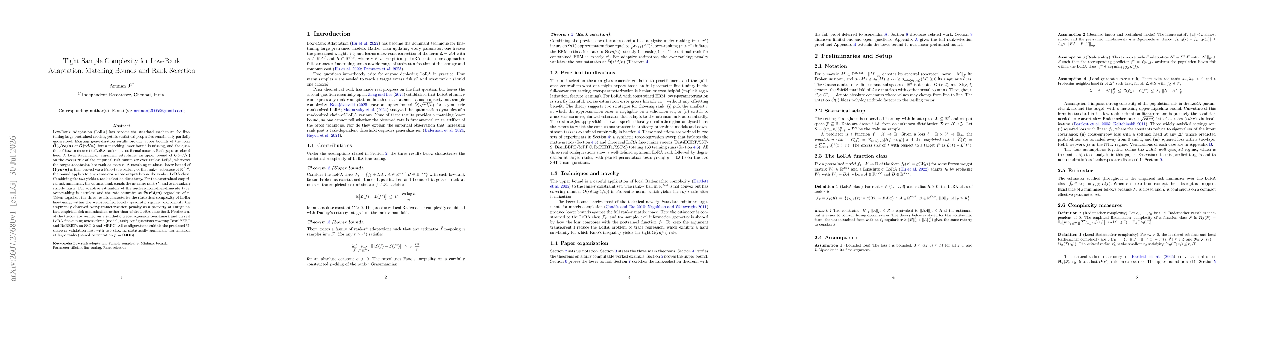Thumbnail for Tight Sample Complexity for Low-Rank Adaptation: Matching Bounds and Rank Selection