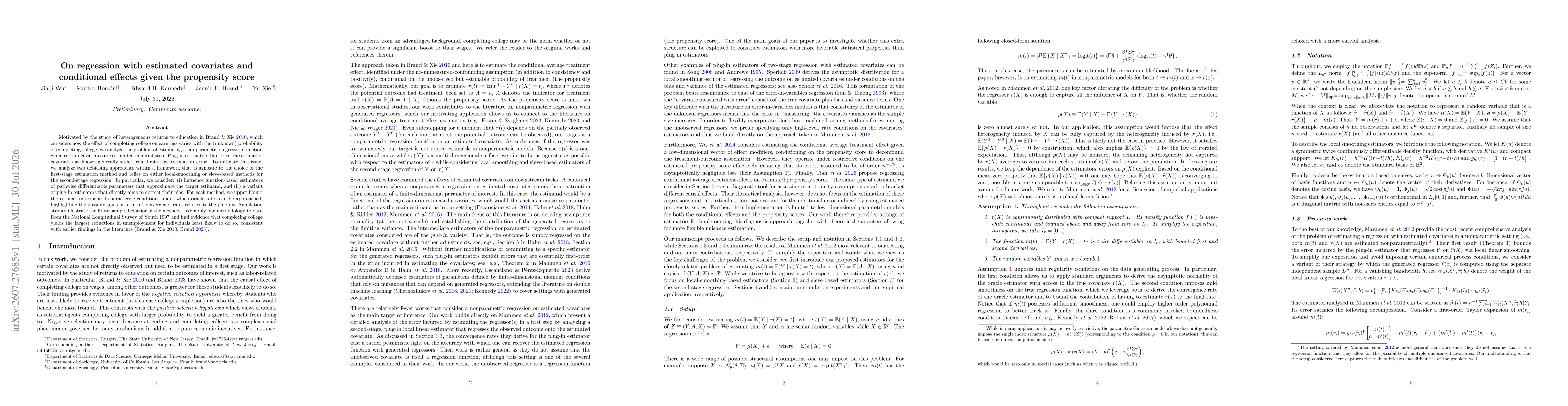 Thumbnail for On regression with estimated covariates and conditional effects given the propensity score