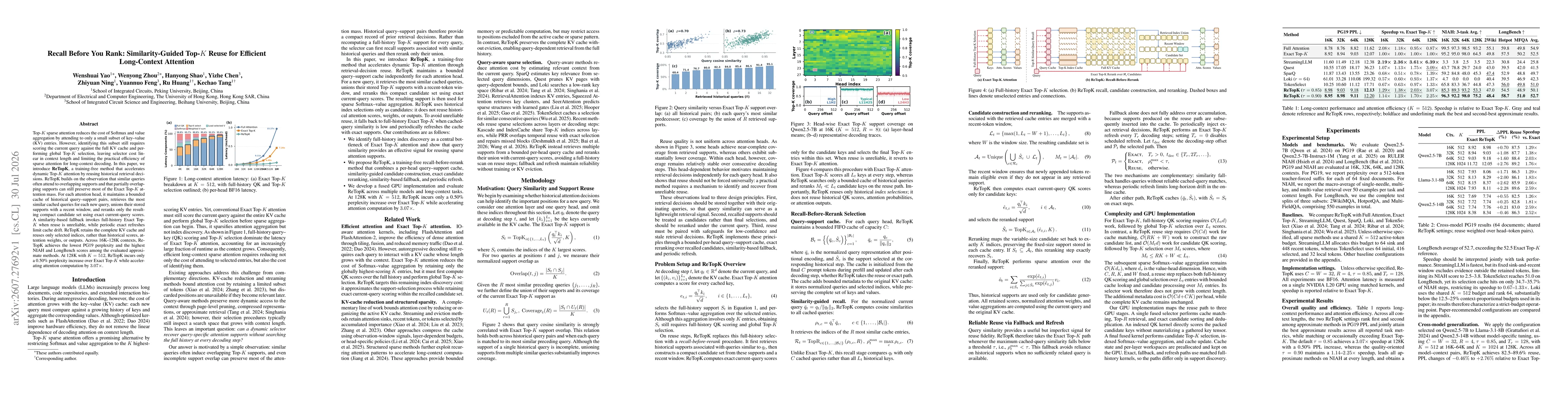 Thumbnail for Recall Before You Rank: Similarity-Guided Top-$K$ Reuse for Efficient Long-Context Attention