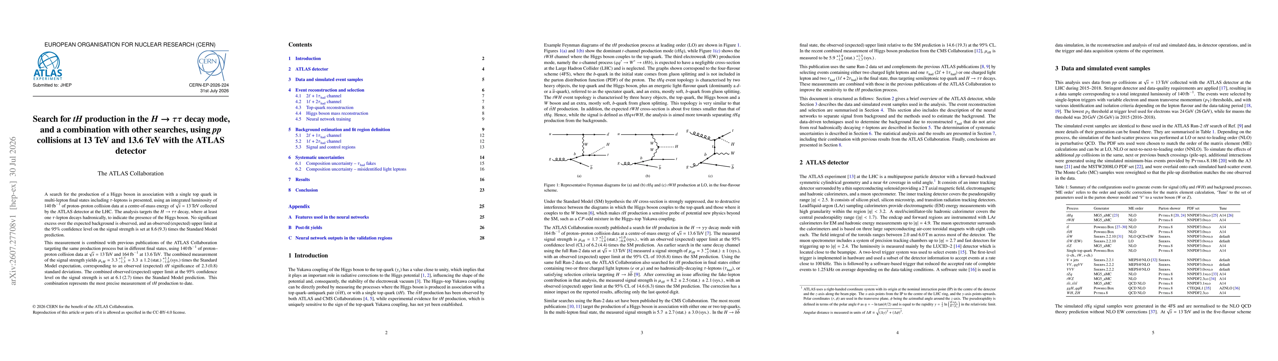 Thumbnail for Search for $\textit{tH}$ production in the $ H \to ττ$ decay mode, and a combination with other searches, using $\textit{pp}$ collisions at 13 TeV and 13.6 TeV with the ATLAS detector