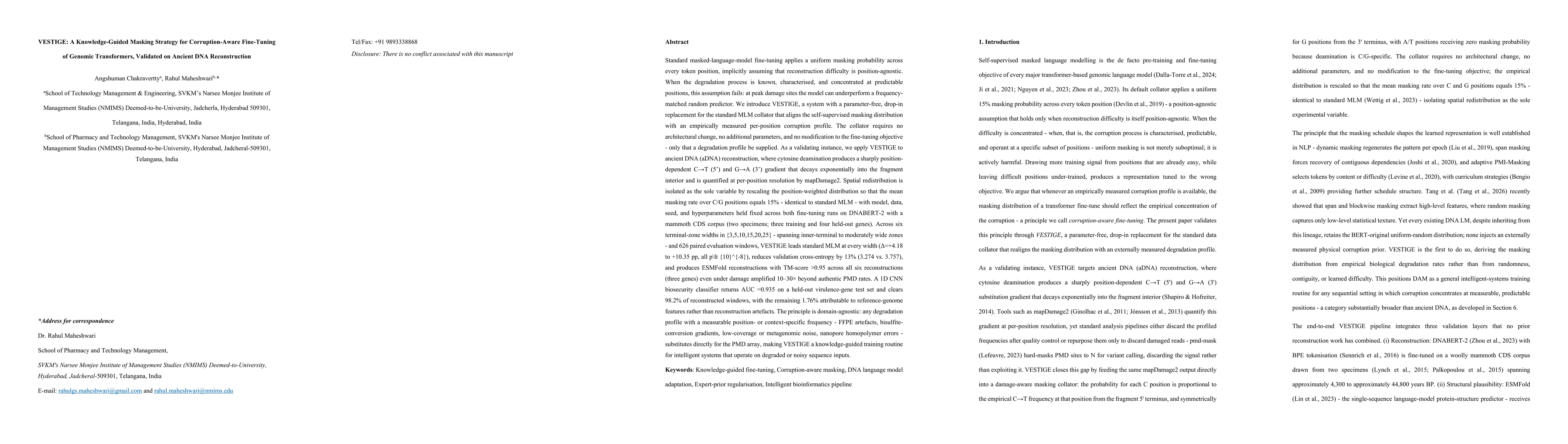 Thumbnail for VESTIGE: A Knowledge-Guided Masking Strategy for Corruption-Aware Fine-Tuning of Genomic Transformers, Validated on Ancient DNA Reconstruction